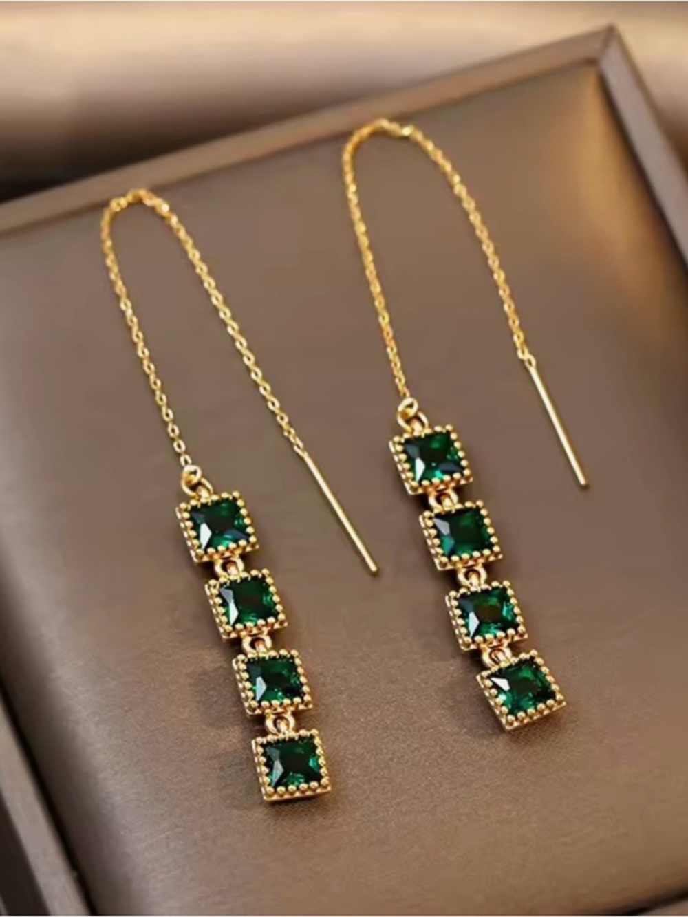 New Gold and Emerald Green Stone Threader Earrings